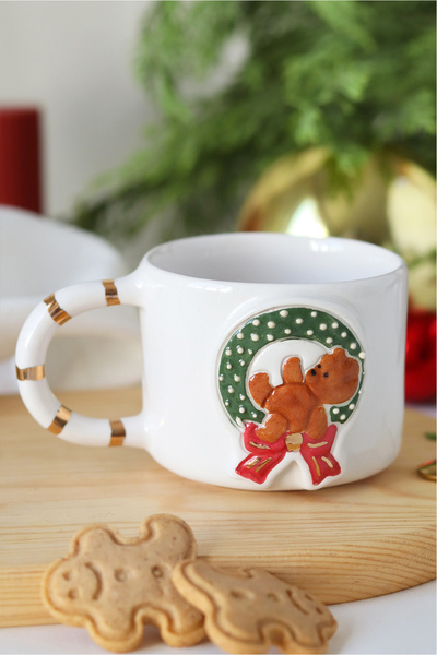 ada mia seramik Handmade Ceramic Mug with 24K Gold Decoration and Teddy Bear Figure for New Year, 200ml