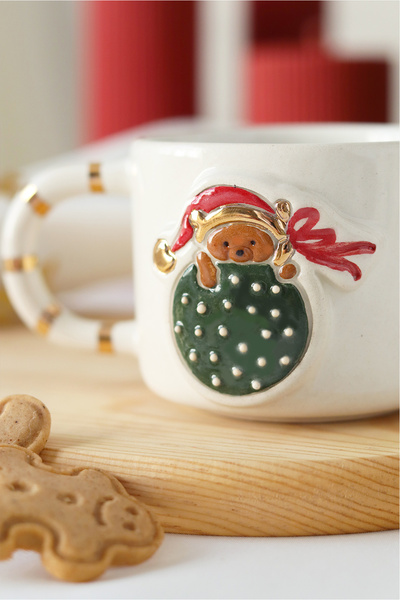 ada mia seramik Handmade Ceramic Mug with 24K Gold Decoration and Teddy Bear Figure for New Year, 200ml