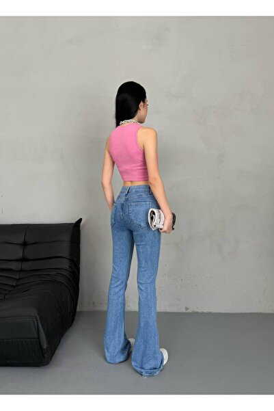 JIN KADIN MAVİ YÜKSEK BEL İSPANYOL PAÇA JEANS PANTOLON