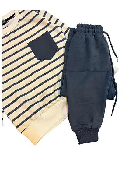 Fil Kids Σετ χειμερινής φόρμας για αγόρια 100% βαμβακερό μπεζ χρώμα καπνιστό ριγέ μακρυμάνικο με τσέπες