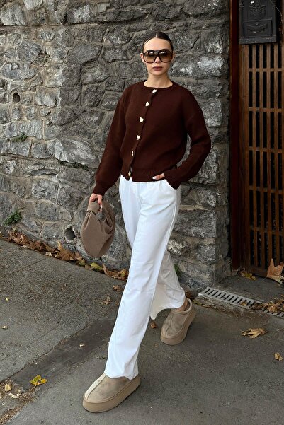 Swist Brown Heart Gold Heart Buttoned Women's Knitwear Cardigan