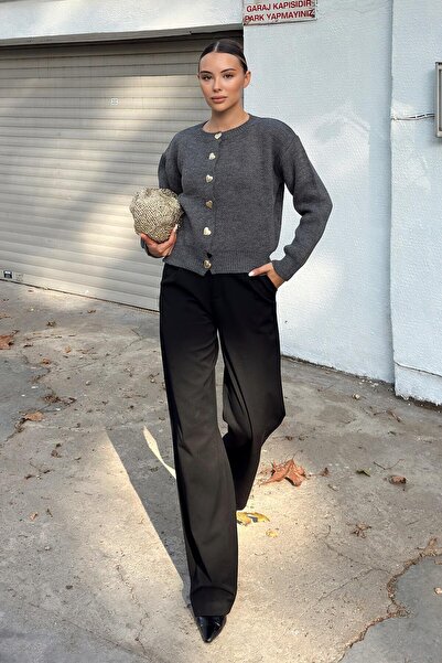 Swist Smoked Heart Gold Heart Buttoned Women's Knitwear Cardigan