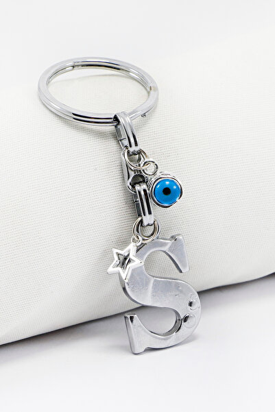 biuti سلسلة مفاتيح معدنية على شكل حرف S مزينة بخرز على شكل نجمة وعين الحسد باللون الفضي / زينة للحقائب