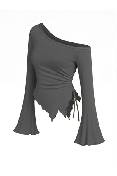 MOONBULL Women's Asymmetrical Cut Side Gathered Winter Long Spanish Sleeve Blouse