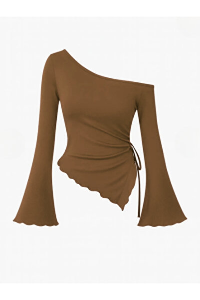 MOONBULL Women's Asymmetrical Cut Side Gathered Winter Long Spanish Sleeve Blouse