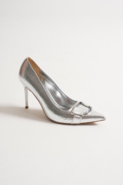 Mubiano Corine Women's Silver Metal Accessory Pointed Toe High Thin Heeled Shoes Stiletto (9 cm)