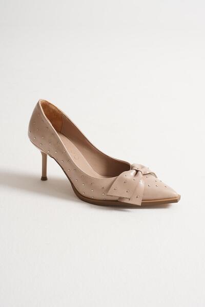 Mubiano Mirabel Women's Beige Metal Accessory Bow Pointed Toe Thin Heeled Shoes Stiletto (7 cm)