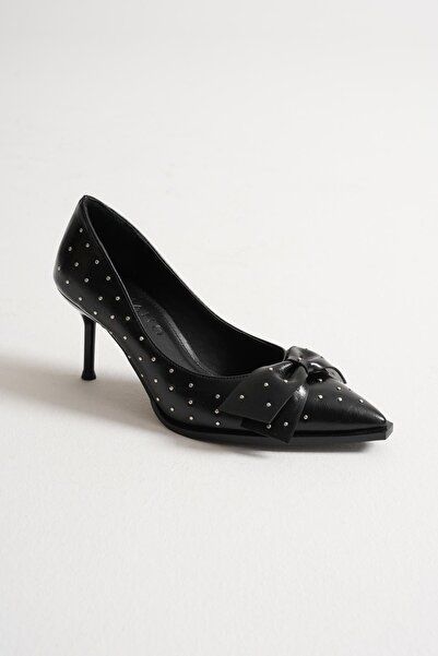 Mubiano Mirabel Women's Black Metal Accessory Bow Pointed Toe Thin Heeled Shoes Stiletto (7 cm)