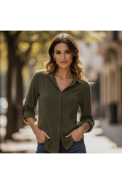 Exve Exclusive Khaki Green 100% Cotton Woven Basic Long Sleeve Women's Shirt