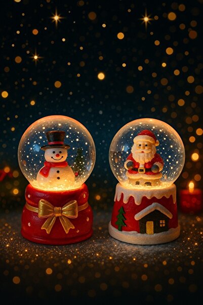 Lexi Bella Yeni Yılın En Güzel Hediyesi Yılbaşı 2 Adet Led Işıklı 6,5 cm Noel Baba Kardan Adam Kar Küresi Seti