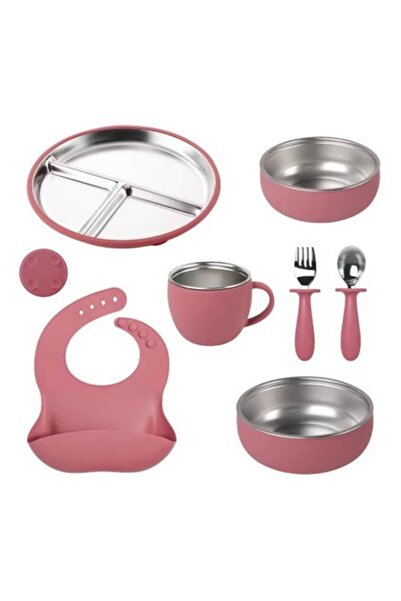 OEM Set de hranire din silicon si inox pentru bebelusi – 7 piese, roz