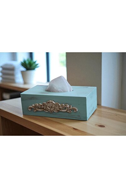 Decoratiuni Vintage Casa Retro Blue wooden napkin box and carved wooden ornam...