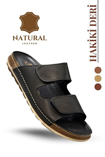 sermoda Genuine Leather Men's Slippers with Double Velcro Straps Orthopedic Comfortable Sole Daily Slippers cm Black