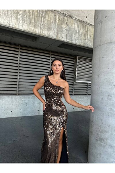 WoolnClyde Women's Velvet Fabric One Shoulder Slit Back Detail Lined Sequin Maxi Evening Dress