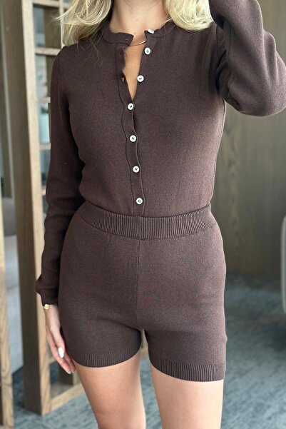 Laluvia Brown Bodysuit Cardigan Shorts Knitwear Set