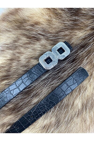 ASLIHAN KEMER حزام خصر نسائي أسود منقوش بنمط كراكو مع مشبك مزدوج فضي اللون