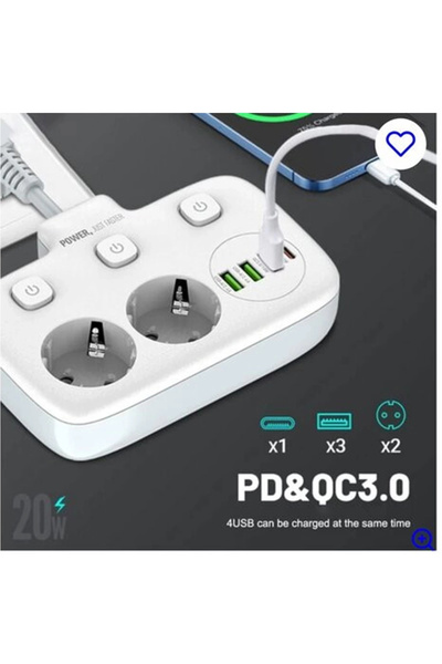 Skygo Akım Korumalı 2’li Ayrı Anahtarlı Priz, 2x Priz, 3x Usb, 1x Type-c, 2 Mt Kablo, Hızlı Şarj