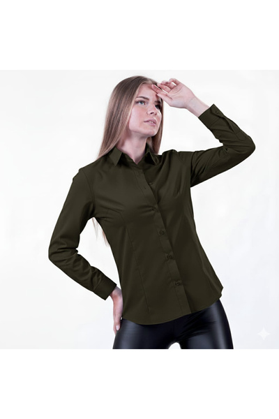Exve Exclusive Khaki Green 100% Cotton Woven Basic Long Sleeve Women's Shirt