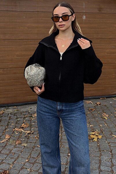 Swist Black Yulia Zippered Collar Women's Knitwear Crop Cardigan