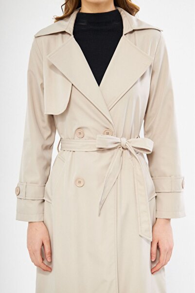 comstar Women's Basic Buttoned Belted Pocketed Long Cream Trench Coat