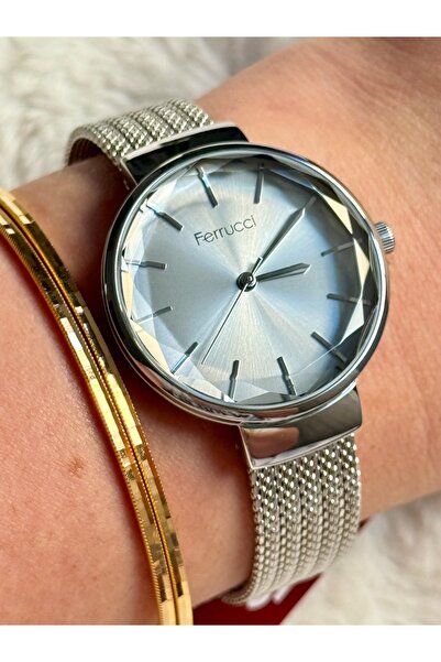 Ferrucci AJDA BİLEZİK HEDİYELİ GÜMÜŞ KESME CAMLI HASIR KORDON KADIN SAATİ