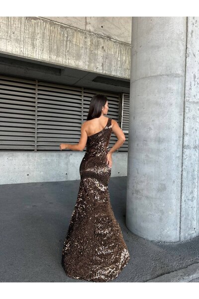 WoolnClyde Women's Velvet Fabric One Shoulder Slit Back Detail Lined Sequin Maxi Evening Dress