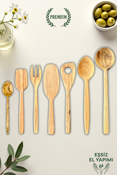Ulgenex 7'li Zeytin Ağacı Tahta Kaşık Seti, Spatula, Kaşık, Çatal – Doğal El ...