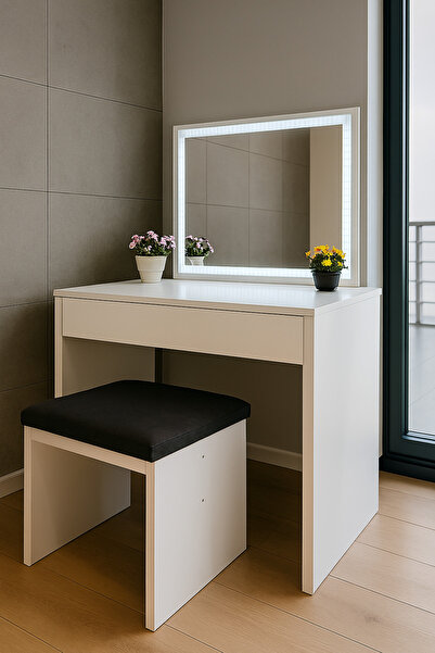 Çavdar Mobilya Dekorasyon LED IŞIKLI KARE AYNALI TABURELİ MAKYAJ MASASI