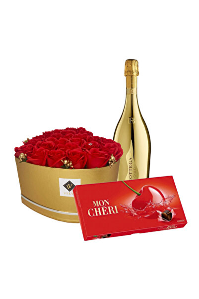 velve Pachet floral Glamour RedGold, cutie inima cu 25 trandafiri de sapun, Prosecco Bottega,praline