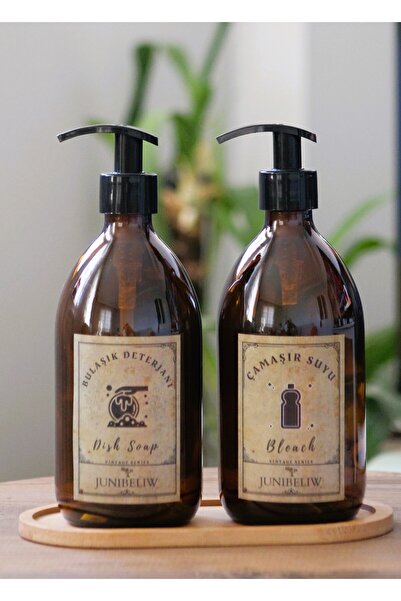 junibeliw 3lü Set Vintage Etiket Boş Amber Cam Şişe Bulaşık Deterjanlık Çamaş...