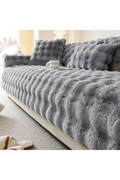 DECORA CASA HOME COLLECTİON Rabbit Plush Bubble Pattern Sofa Cover / Sofa Cover (1 Piece) Anthracite 80 X 200 cm