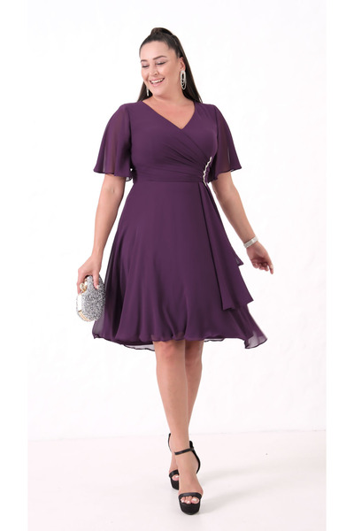 Lafaba Women's Plum V-Neck Rhinestone Plus Size Chiffon Evening Dress