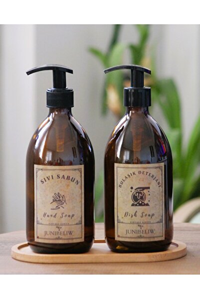 junibeliw 3lü Set Vintage Etiket Boş Amber Cam Şişe Bulaşık Deterjanlık Sıvı ...