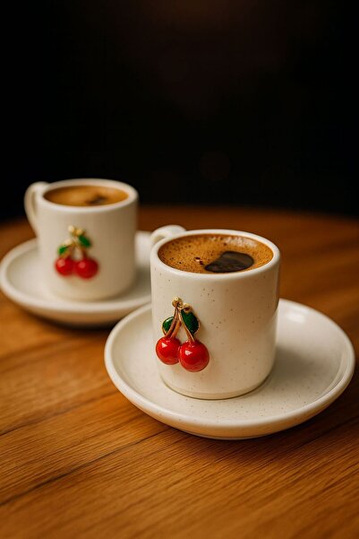 Evim Sepette 4 Parça 2 Kişilik Kirazlı Kahve Fincan Takımı 100ml - Kiraz Kahv...