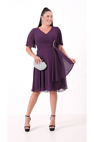 Lafaba Women's Plum V-Neck Rhinestone Plus Size Chiffon Evening Dress