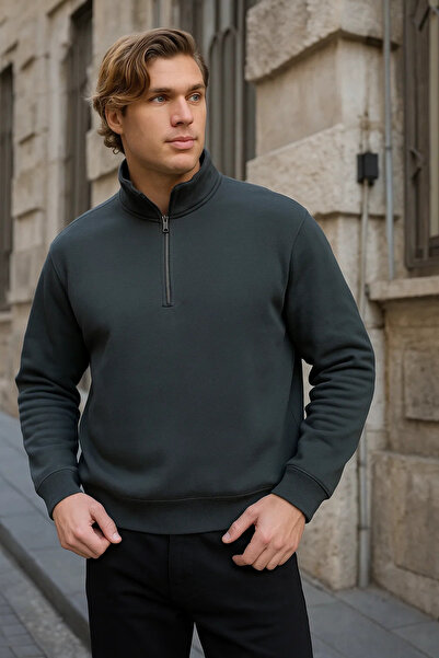 COMBİNE MİCHAİL Чоловічий светр з напівзастібкою та широкими рукавами, колір фума