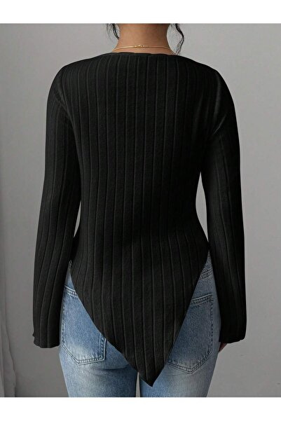 poswicon Μπλούζα με μαύρο γιακά με ασύμμετρη άκρη φούστας, ισπανικό μανίκι