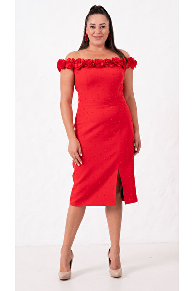 Lafaba Kadın Kırmızı Yakası Çiçekli İncili Söz Nişan Nikah Abiye Elbise