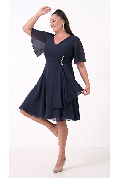 Lafaba Women's Navy Blue V-Neck Stone Plus Size Chiffon Evening Dress