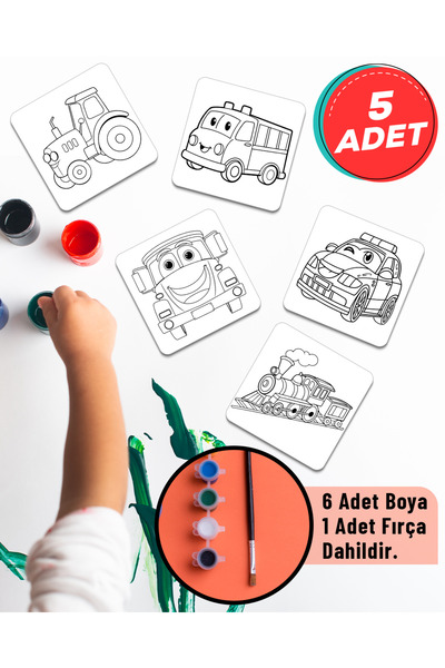 CeSht 5 Adet Araba Temalı MDF Boyama Tablosu Kendi Tablonu Yap Çocuklara Özel