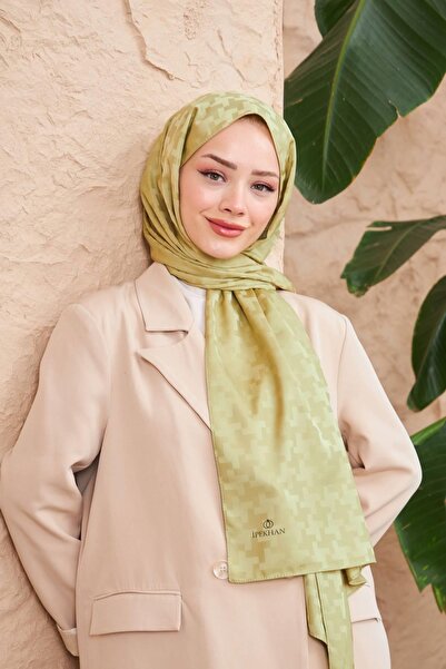 İpekhan Cross Pattern Silky Jacquard Shawl Khaki 9006-08