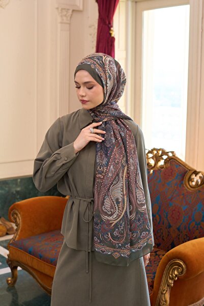 İpekhan Red Khaki Silk Patterned Voile Shawl - 9804-06