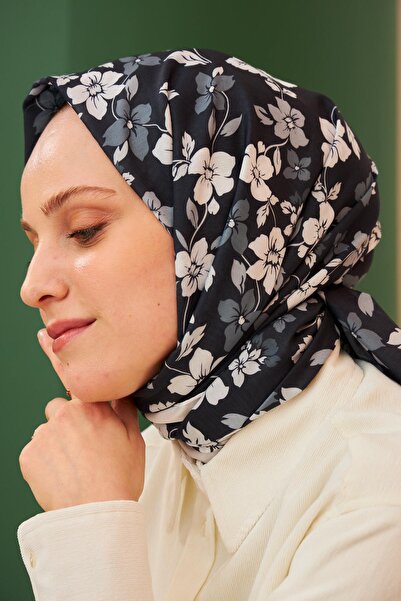 İpekhan Şal din bumbac cu model Amelia Negru Gri 3025-18