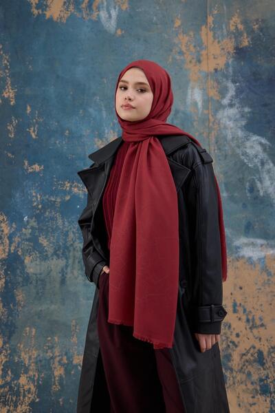 İpekhan Red Square Patterned Cotton Jacquard Shawl - 8012-15