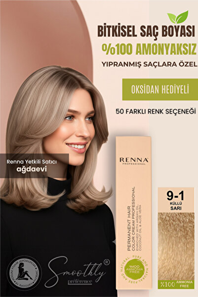 Renna AMONYAKSIZ Bitkisel Yıpranmış Saçlar İçin Saç Boyası 9-1 Küllü Sarı 60ml
