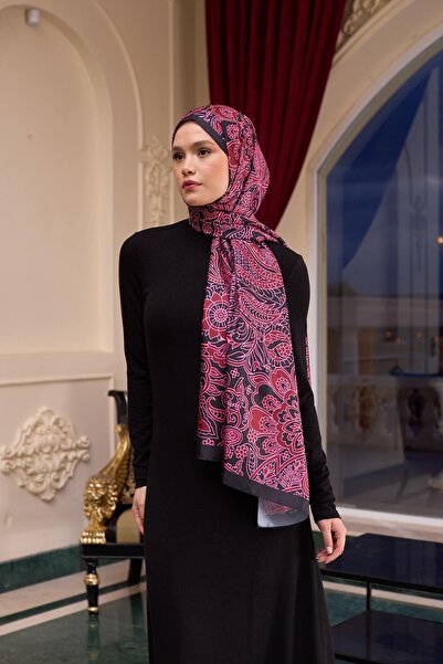 İpekhan Fuchsia Black Patterned Voile Silk Shawl - 9803-08