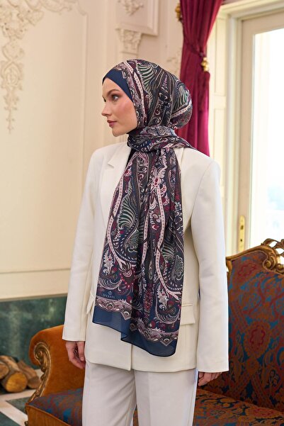 İpekhan Navy Blue Burgundy Patterned Silk Voile Shawl - 9804-09