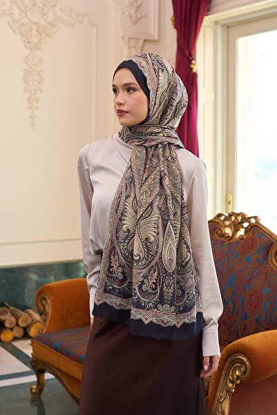 İpekhan Black Water Green Patterned Silk Voile Shawl - 9804-18