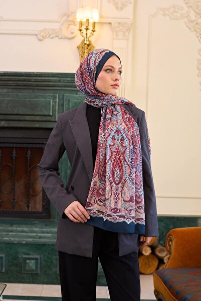 İpekhan Синьо-рожевий шовковий шаль з візерунком лосося - 9804-11