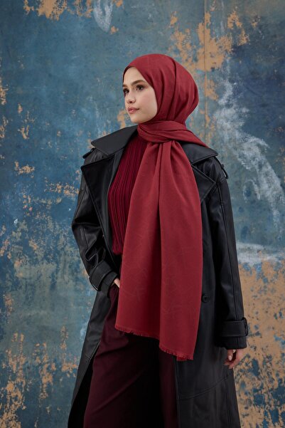 İpekhan Red Square Patterned Cotton Jacquard Shawl - 8012-15